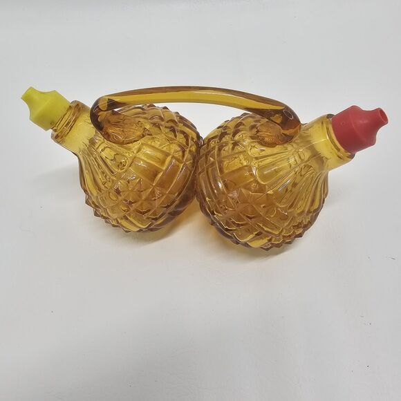 Vtg Amber Glass Oil Vinegar Cruet Set Diamond Pattern Red Yellow Spout Handle - Picture 12 of 13